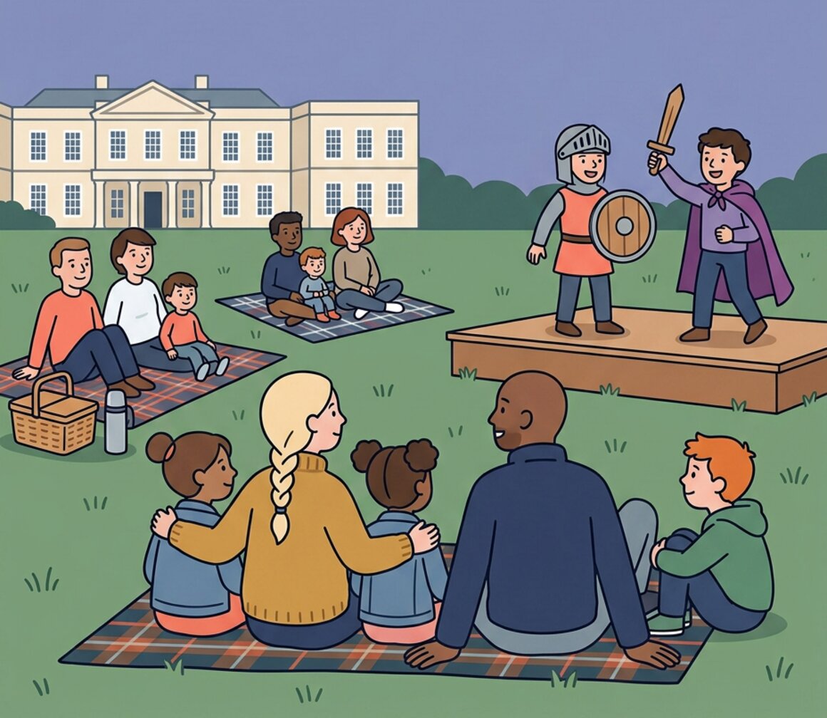 Illustration of a family at open-air theatre on the Killerton estate