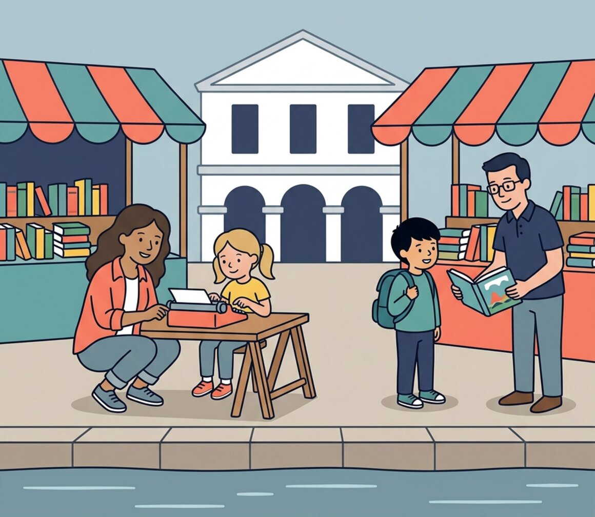 Illustration of a family at the Book Market on Exeter Quay