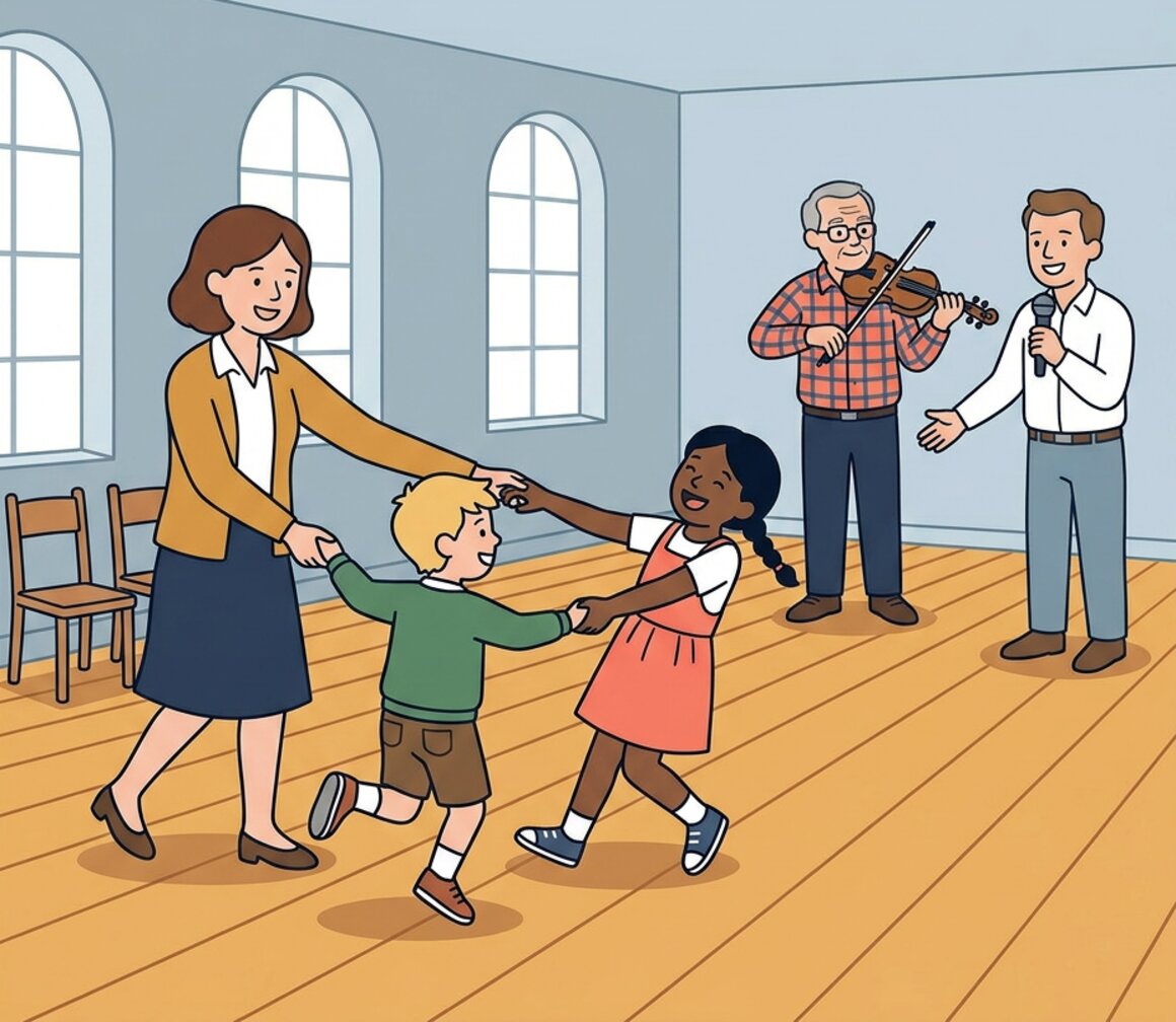 Illustration of families dancing a folk ceilidh in a community hall