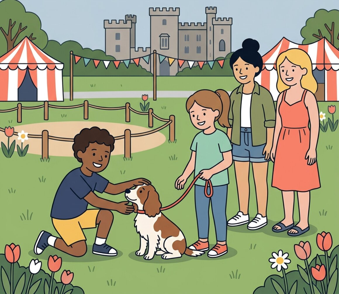 Illustration of a family with their dog at Woofstock in the grounds of Powderham Castle