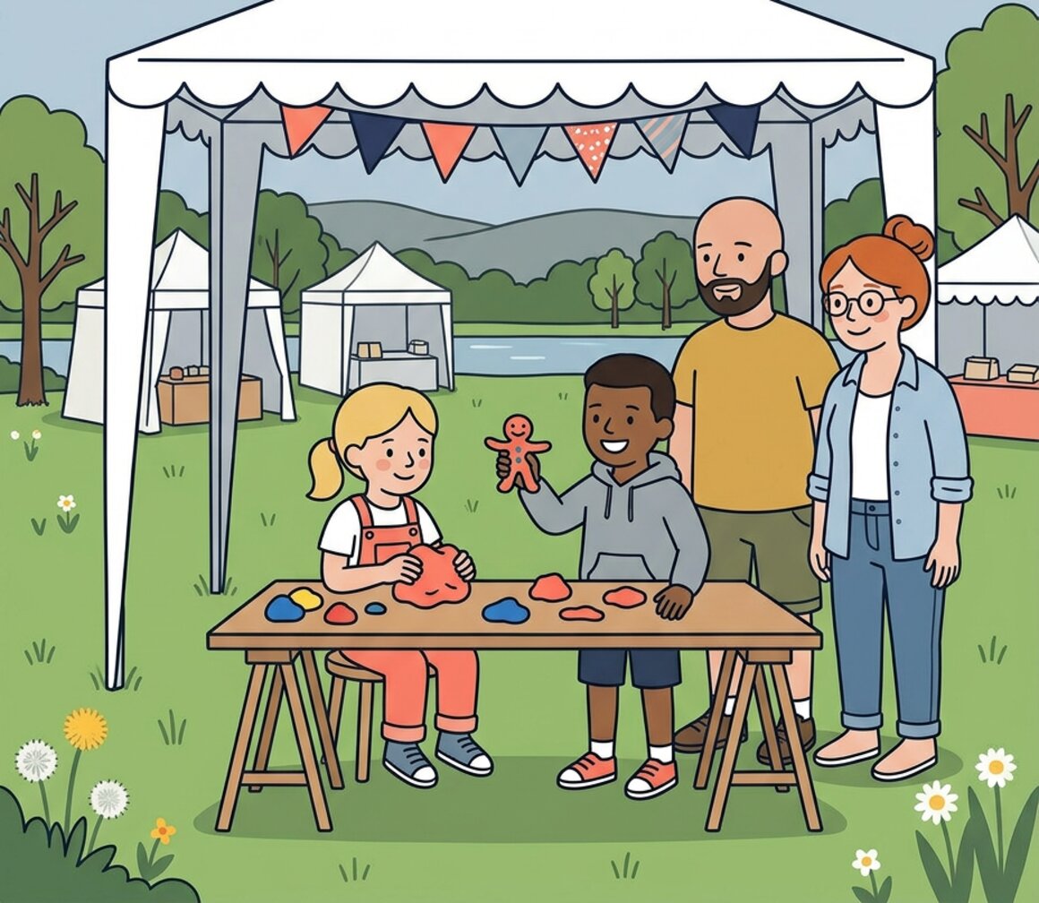 Illustration of a family making clay models at an outdoor craft festival near Dartmoor