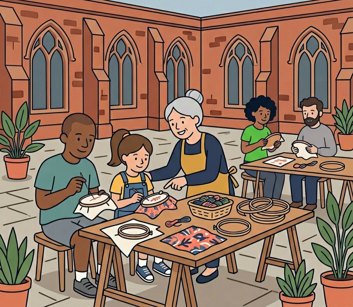 Illustration of a parent and child doing embroidery at a craft table in the RAMM courtyard