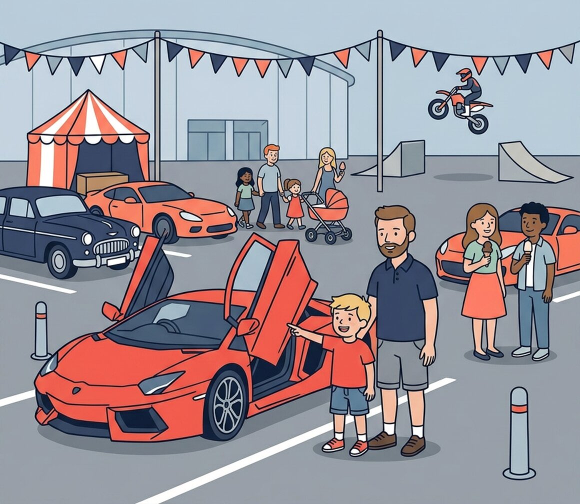 Illustration of a family looking at supercars at the Westpoint motor show
