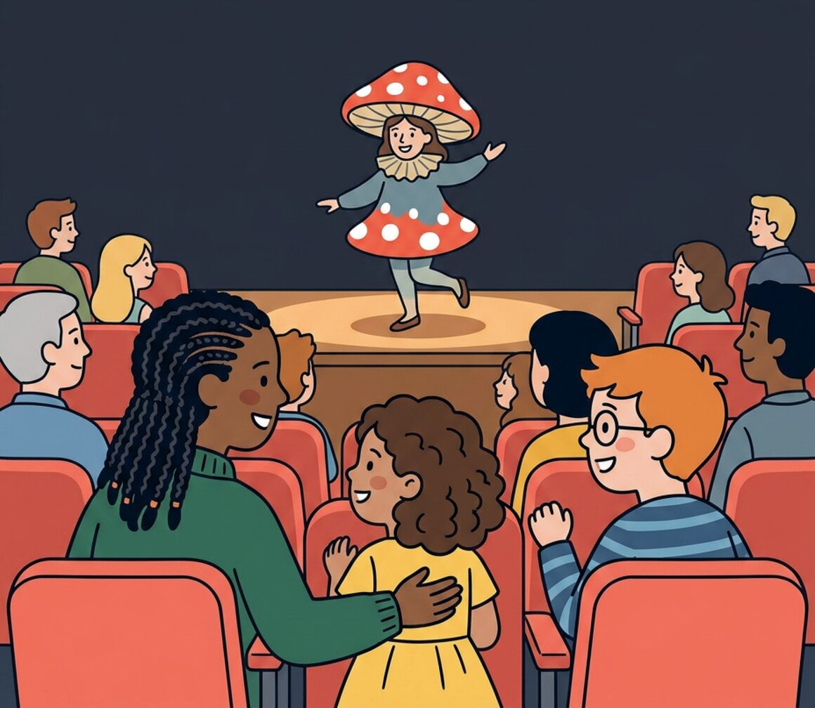 Illustration of a family watching a playful puppet show about mushrooms in a theatre