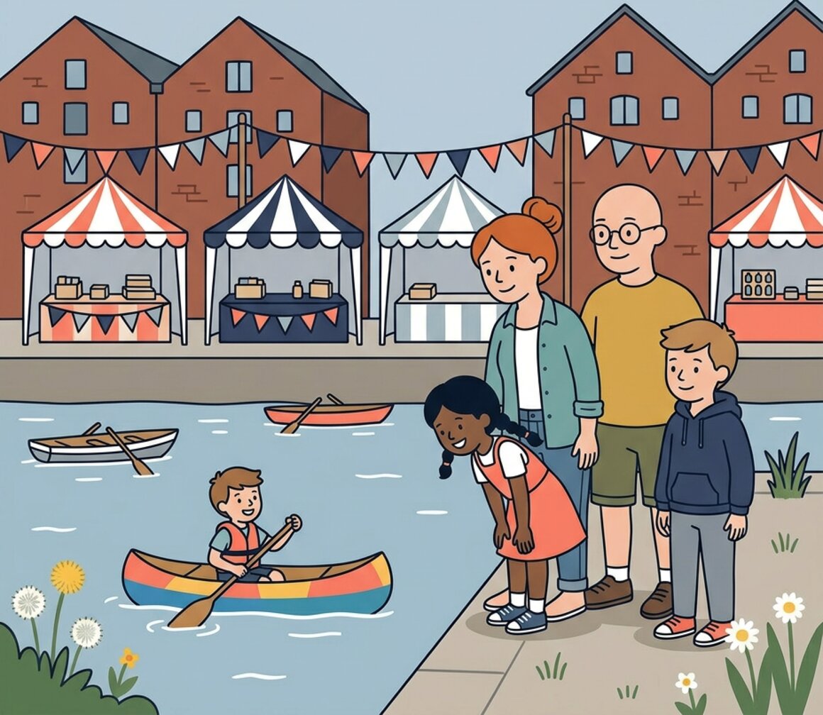 Illustration of a family exploring historic boats on Exeter Quay