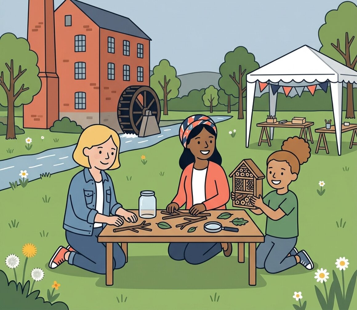 Illustration of a family doing nature crafts in the gardens of a historic mill
