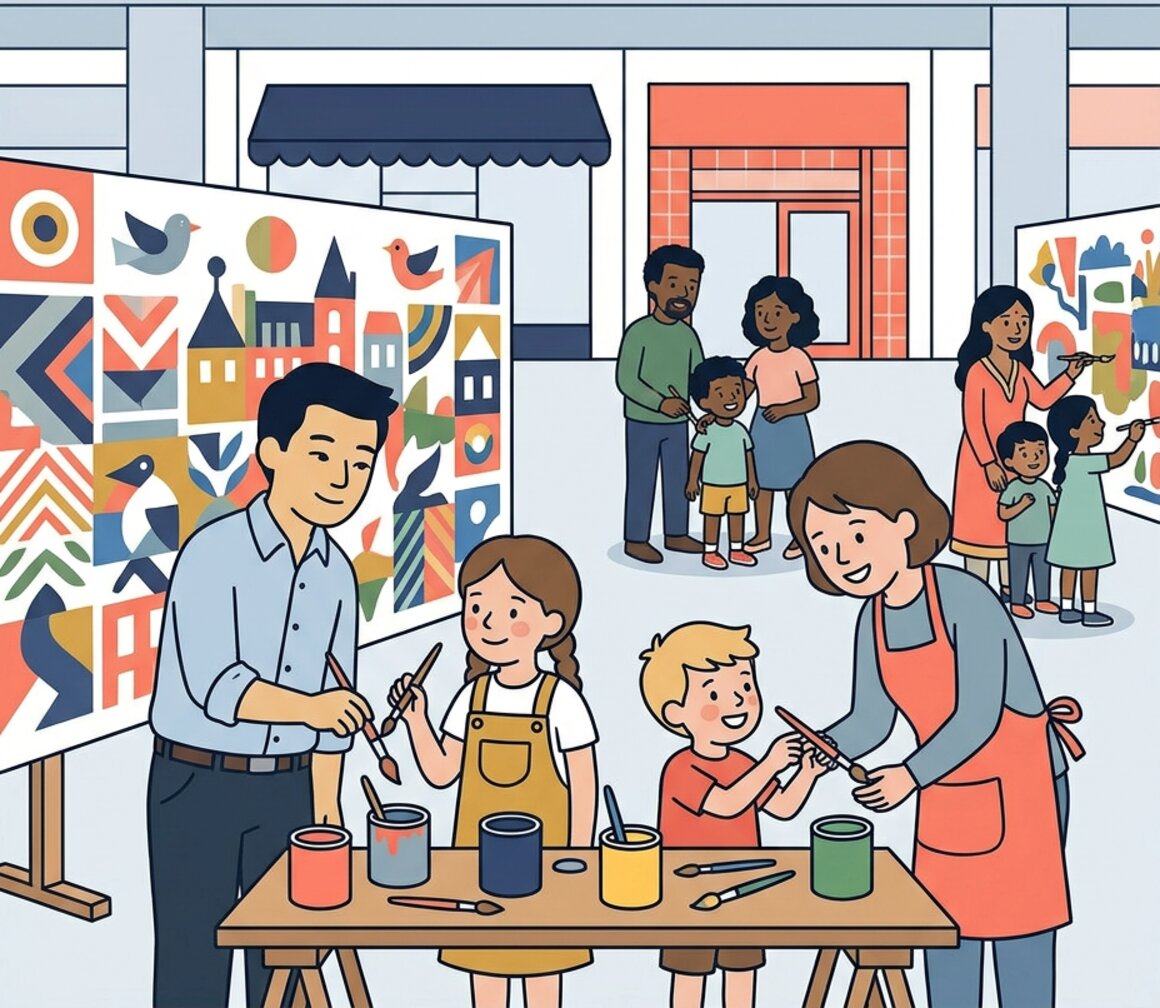 Illustration of a family adding to a big collaborative painting in a shopping centre square