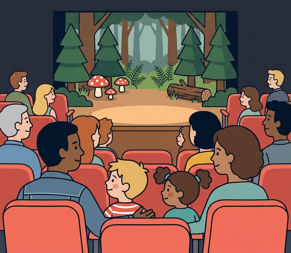 Illustration of a family watching a woodland-themed children's show at the theatre