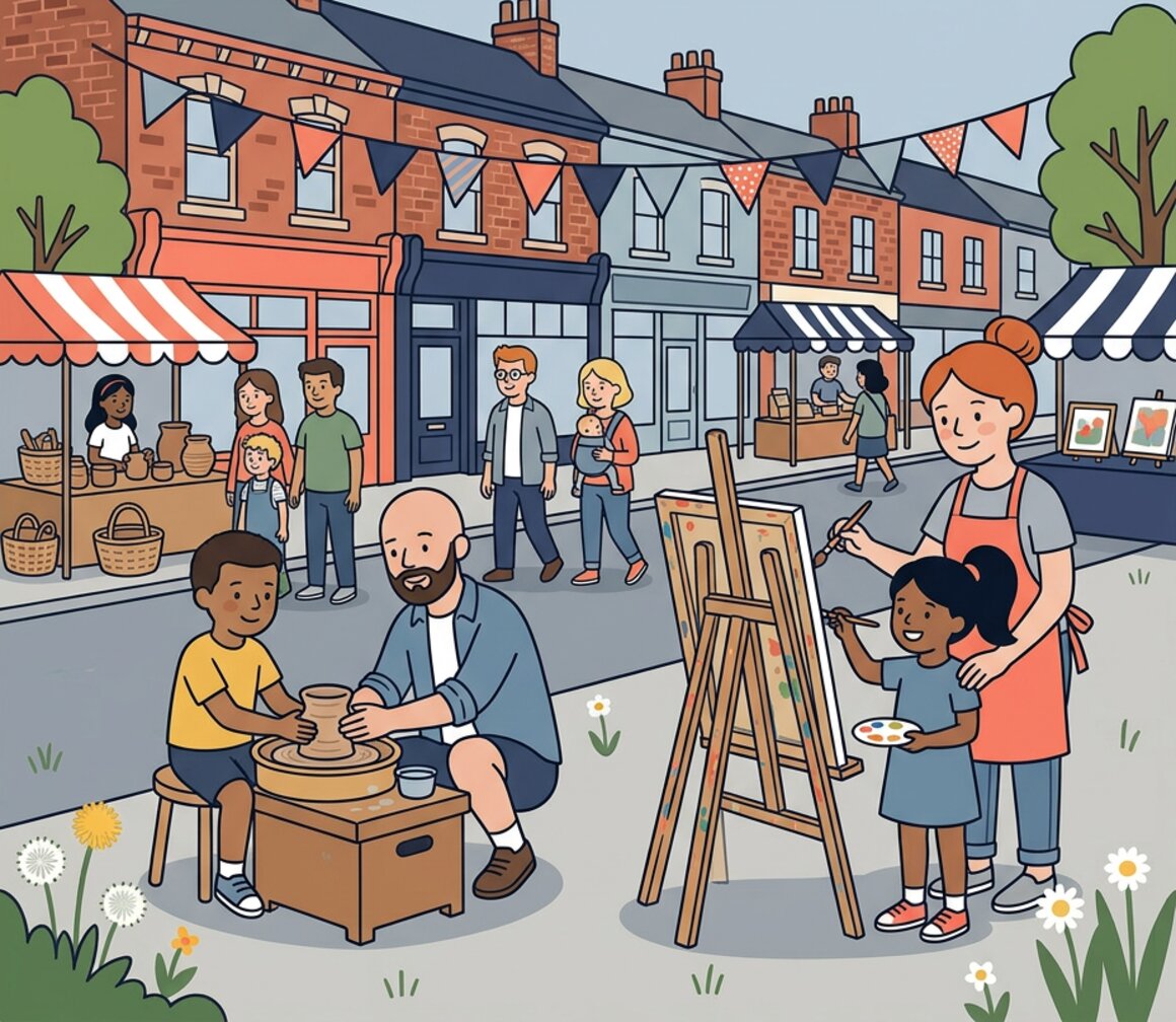 Illustration of a family at a craft street festival on Magdalen Road