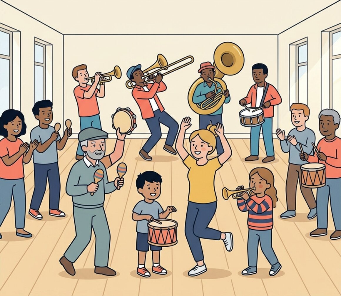 Illustration of a family at a join-in brass music workshop in Budleigh Salterton
