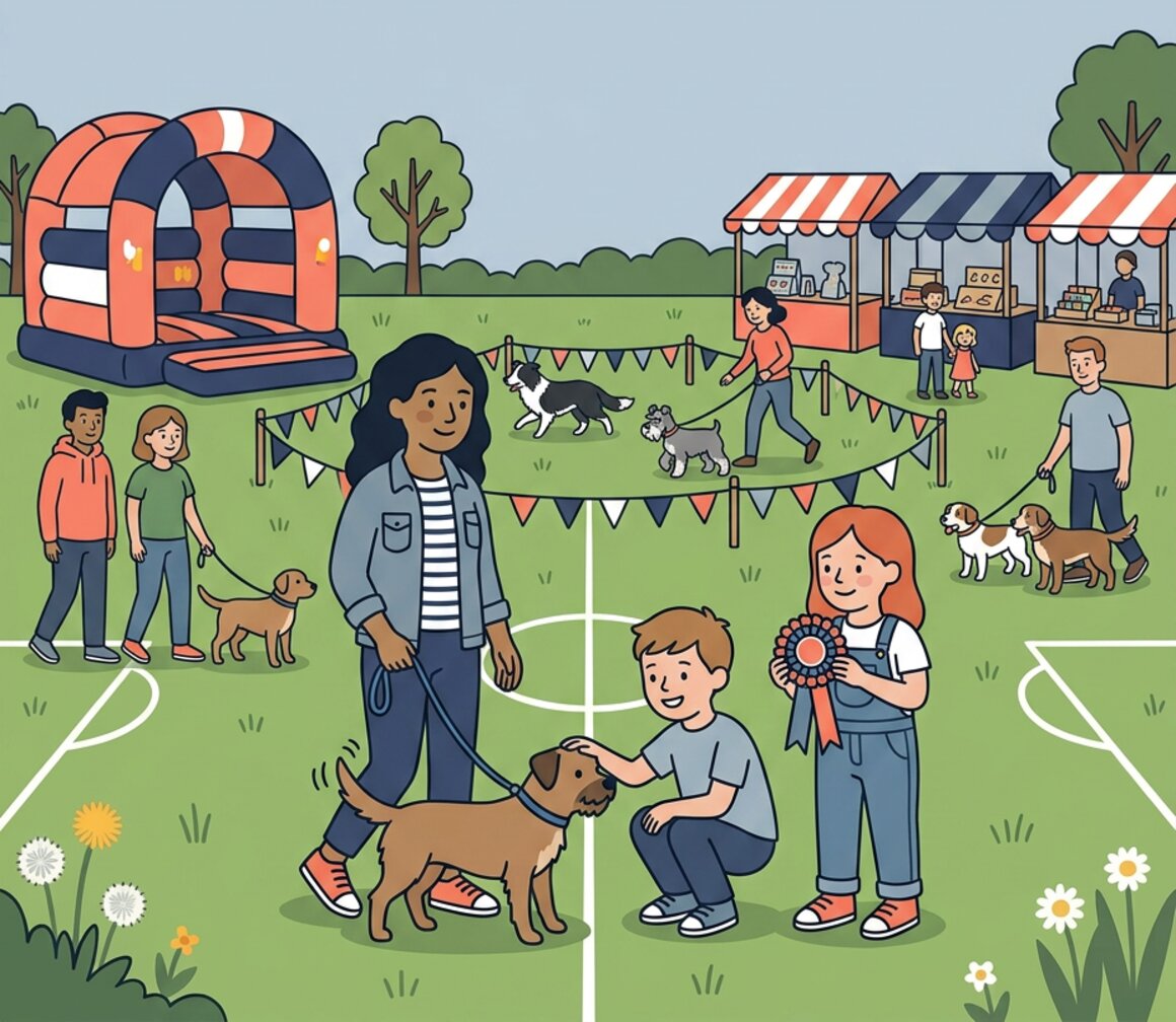 Illustration of a family at an outdoor dog show and fun day