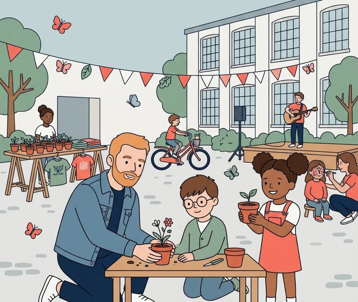 Illustration of a family at the Green Phoenix Festival in the Exeter Phoenix courtyard