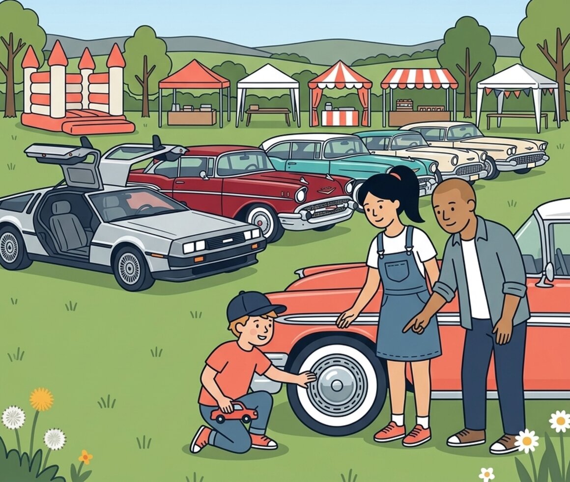 Illustration of a family at Cofton's American Car Show near Starcross