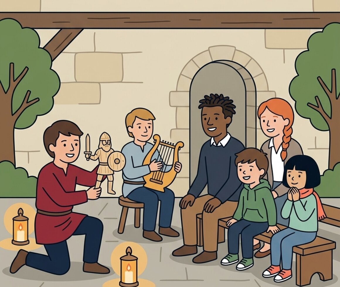 Illustration of a family watching the Beowulf puppet show at St Nicholas Priory