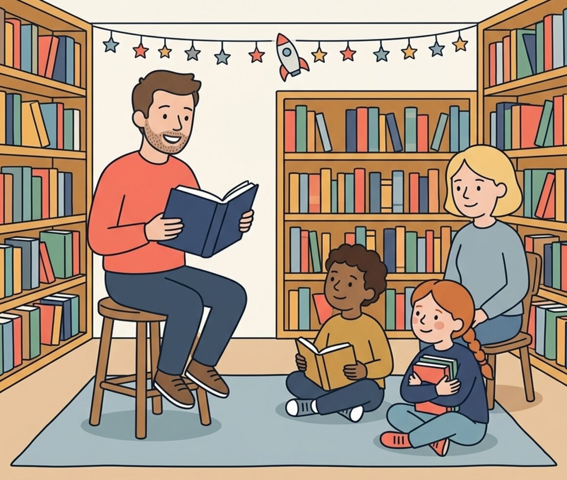Illustration of a children's author event at The Bookery in Crediton