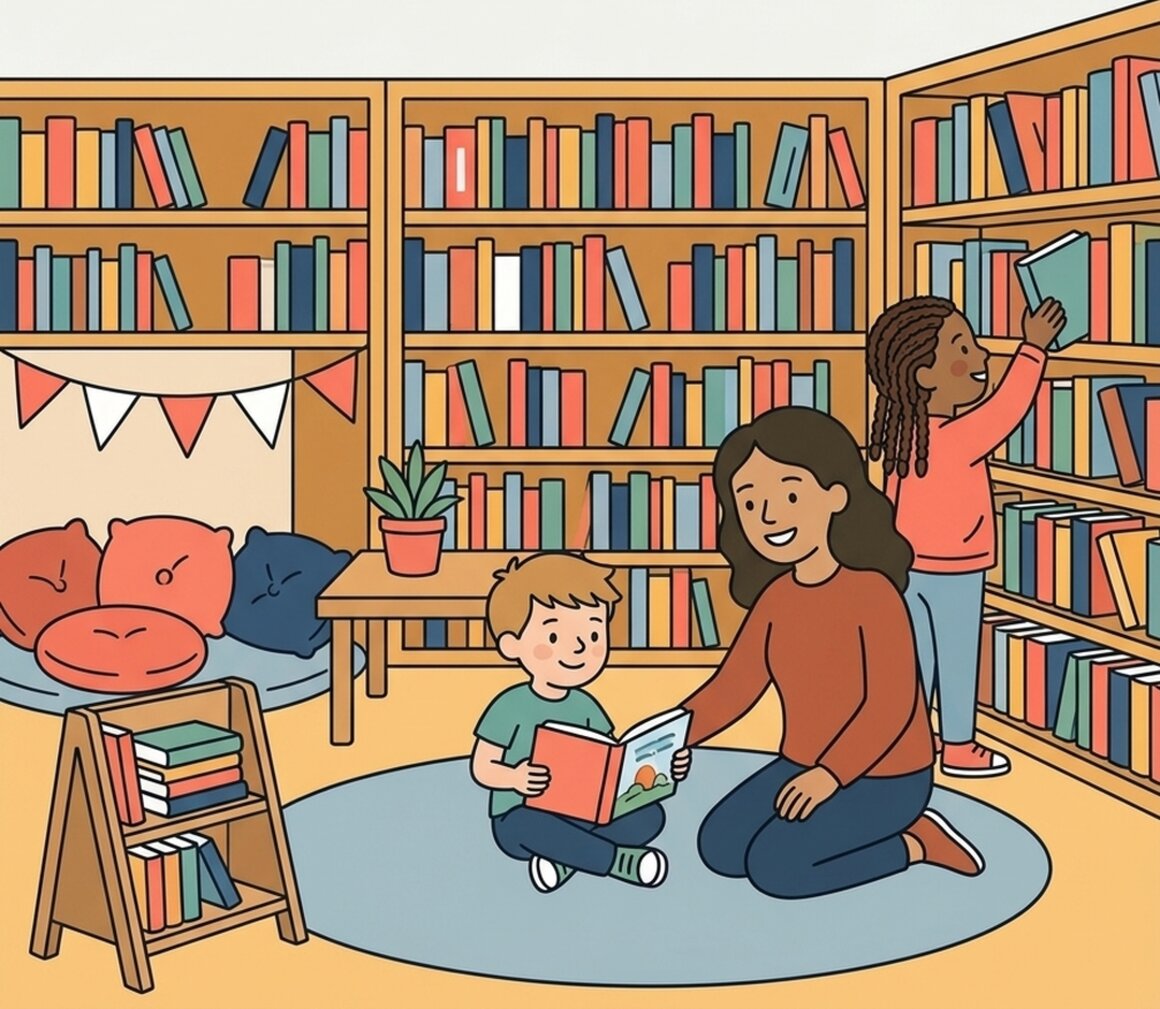 Illustration of children choosing books in the library for the Summer Book Quest
