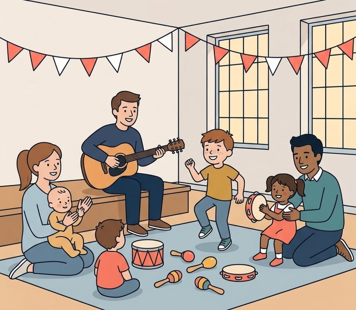 Illustration of children and grown-ups singing along at Little Groovers Club