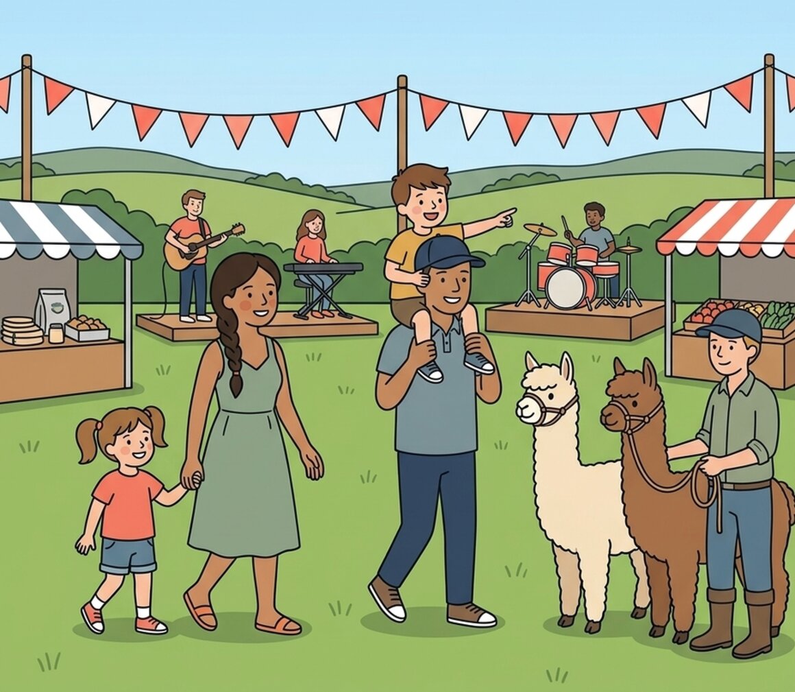 Illustration of a family with alpacas at Combe Village Show