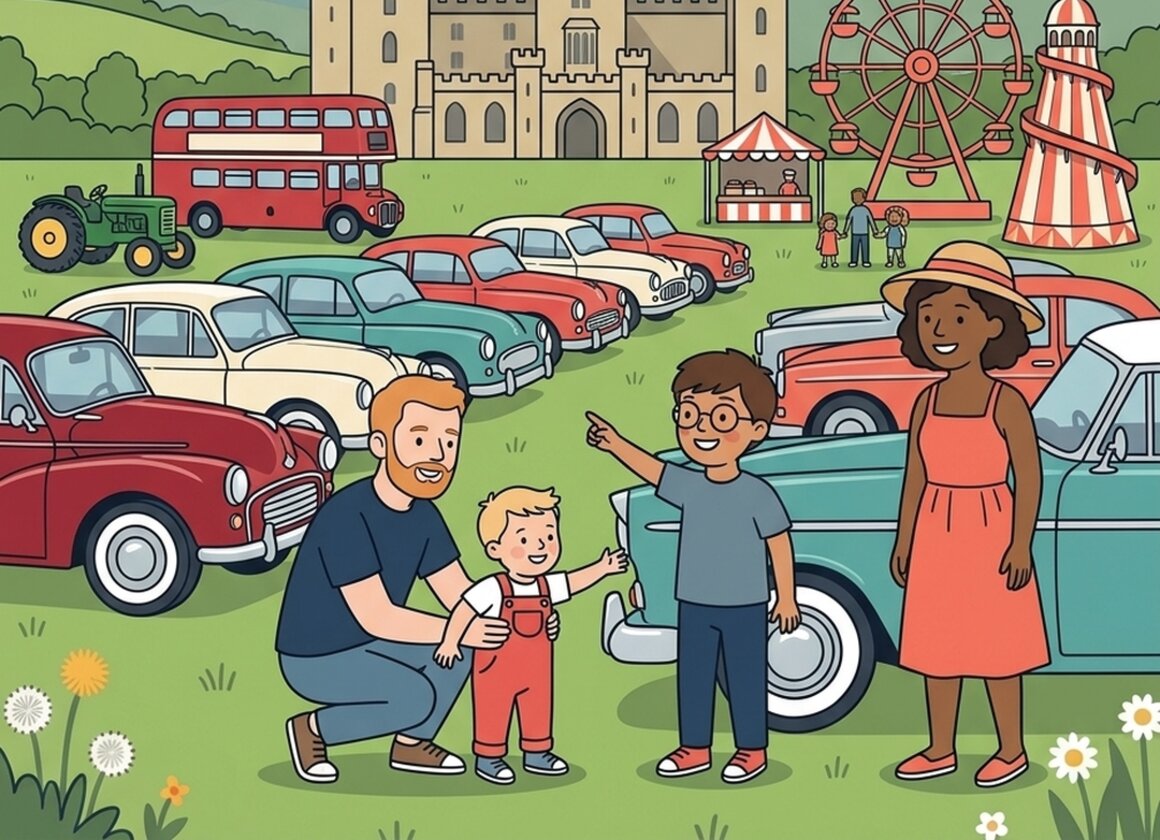 Illustration of a family among classic cars and a funfair at Powderham Castle
