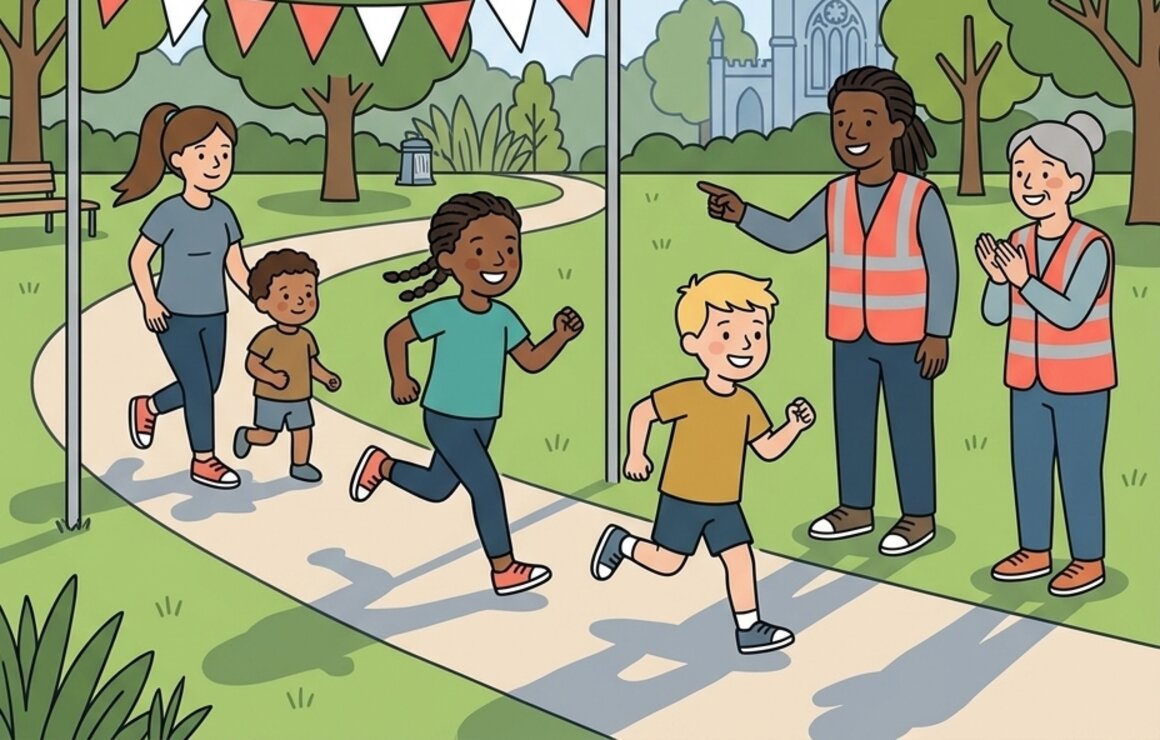 Illustration of children running at Exeter junior parkrun on a summer morning