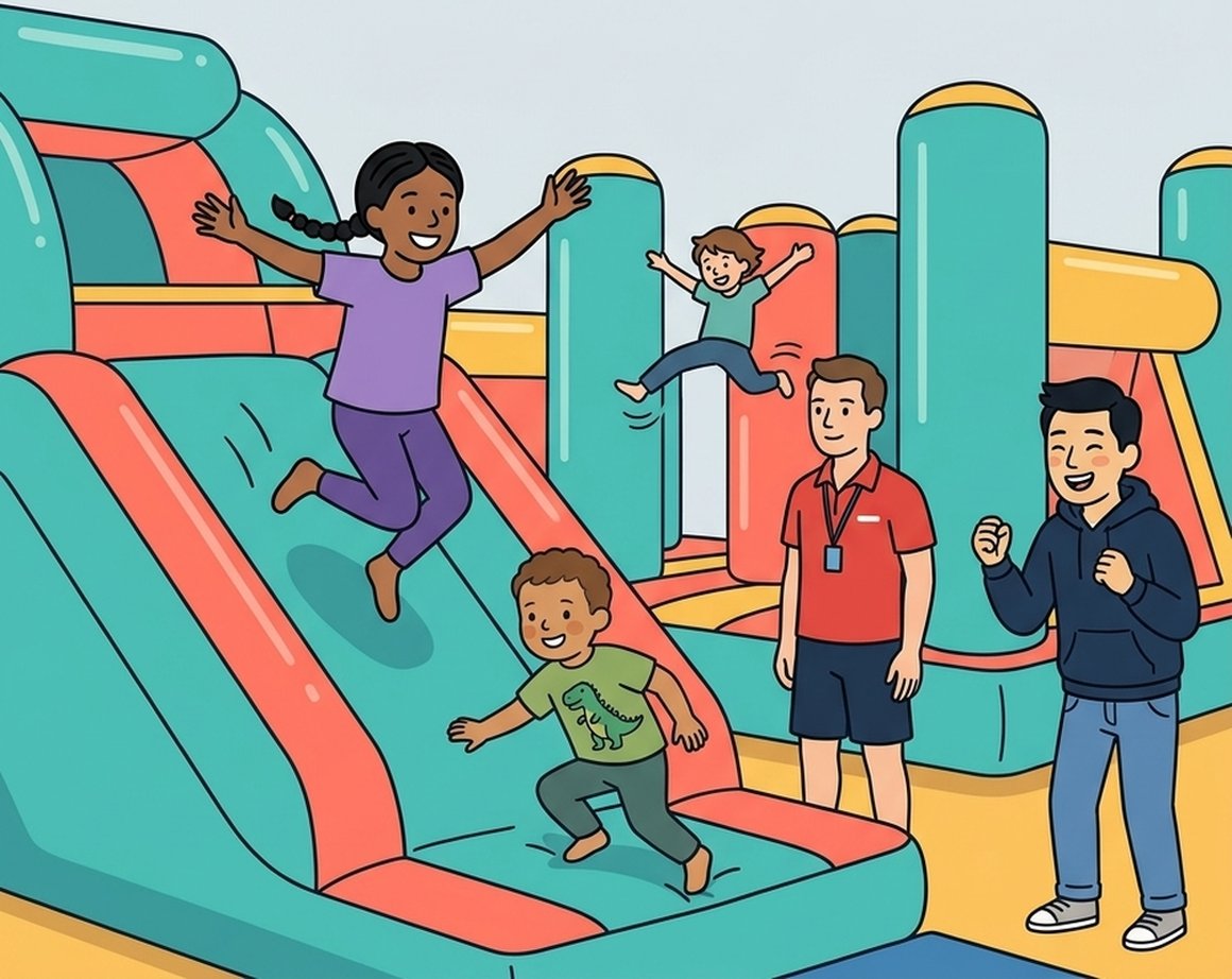 Illustration of children bouncing on a bright inflatable assault course in a sports hall