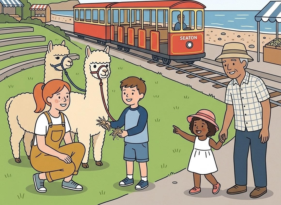 Illustration of Seaton seafront with a heritage tram and alpacas