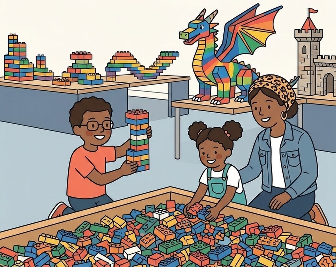 Illustration of children digging in a pit of colourful building bricks beside giant brick models
