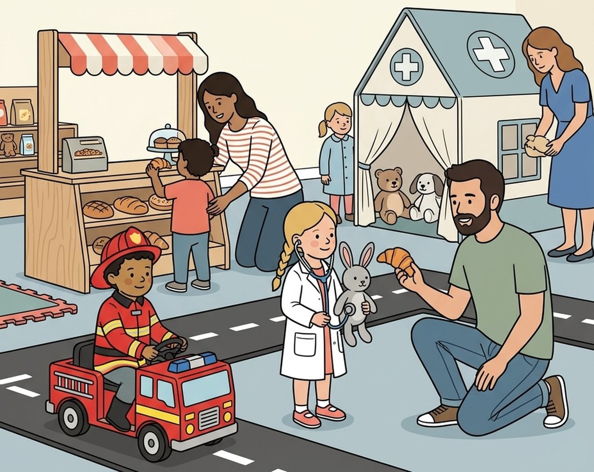 Illustration of toddlers playing in a miniature role-play town in a village hall