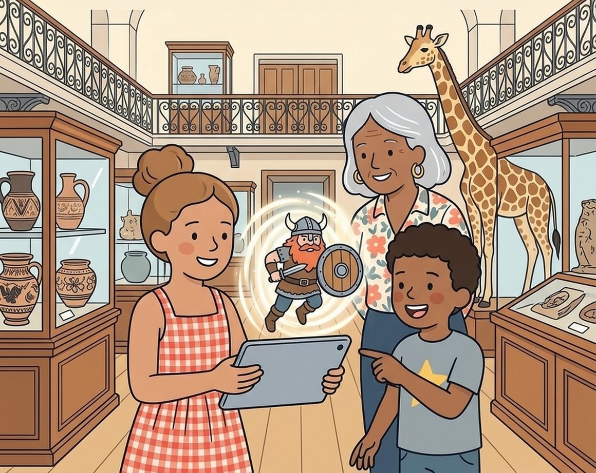 Illustration of children in a museum gallery watching a cartoon viking leap out of a tablet