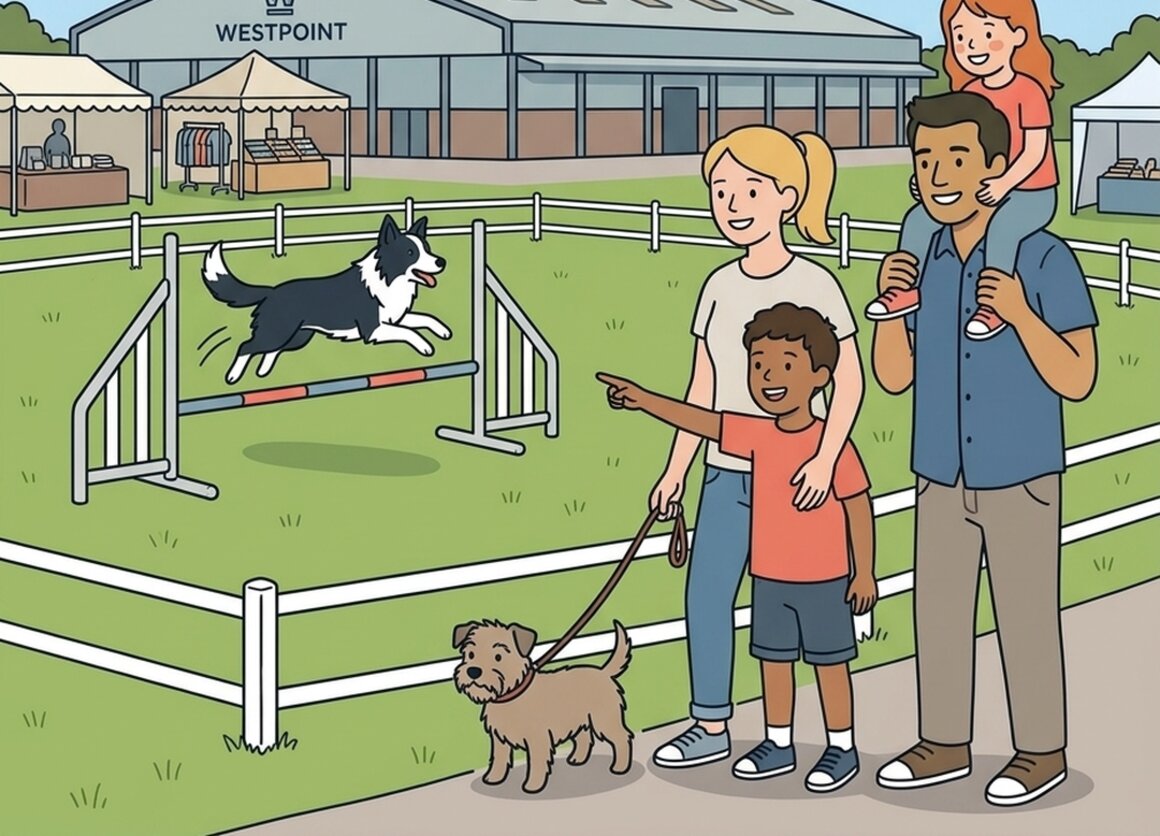 Illustration of a family watching a collie leap an agility jump at Westpoint Exeter