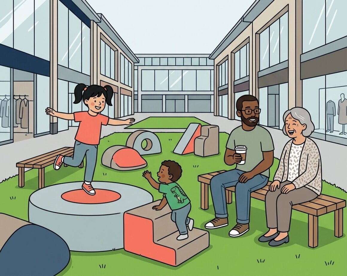 Illustration of children playing on soft play shapes in Princesshay square, Exeter