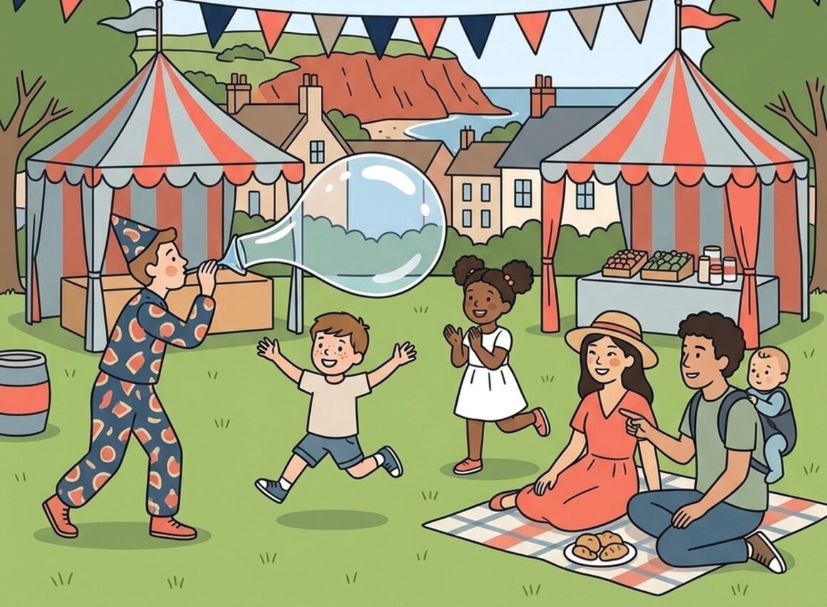 Illustration of children chasing a giant bubble on a festival lawn by the sea at Sidmouth