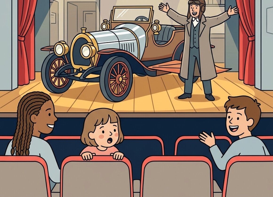 Illustration of a family in theatre seats watching a vintage winged car on stage