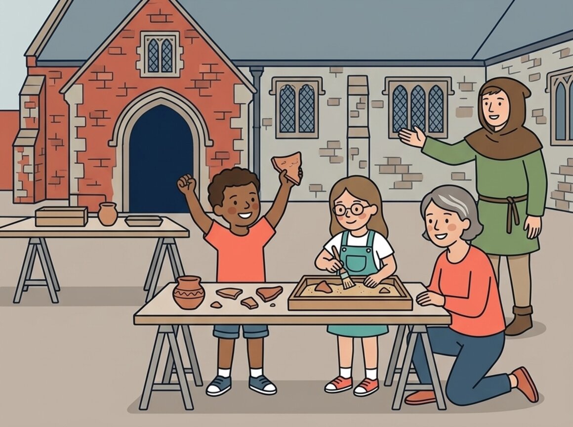 Illustration of children brushing sand from pottery finds in the courtyard of St Nicholas Priory