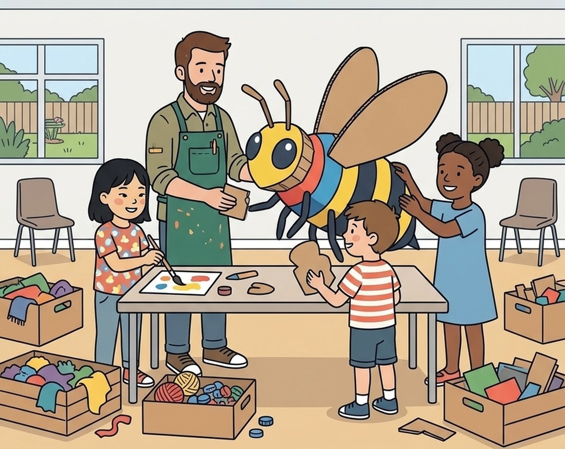 Illustration of children building a giant cardboard bee with an artist in a community hall