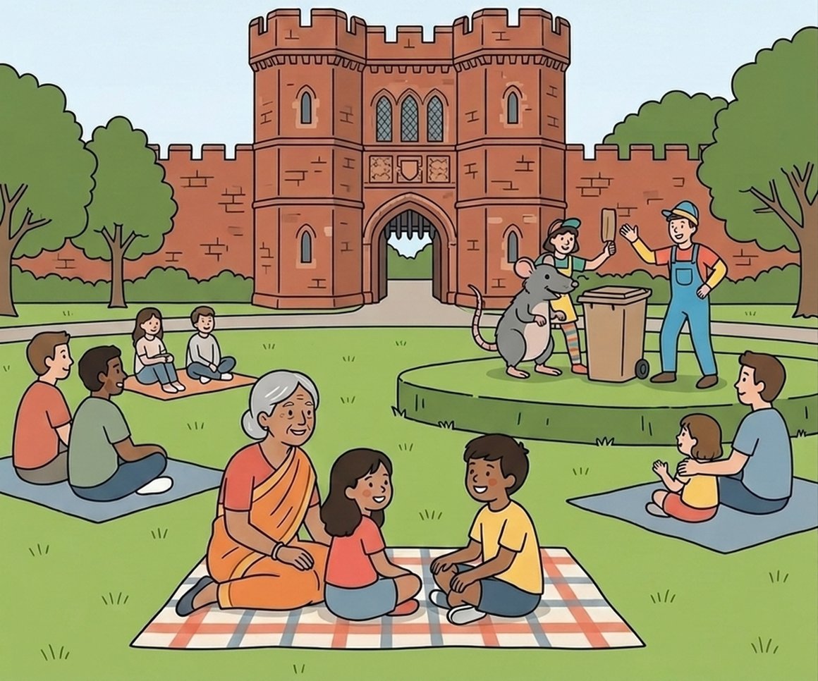 Illustration of families watching an outdoor theatre show with a rat puppet in front of Rougemont Castle