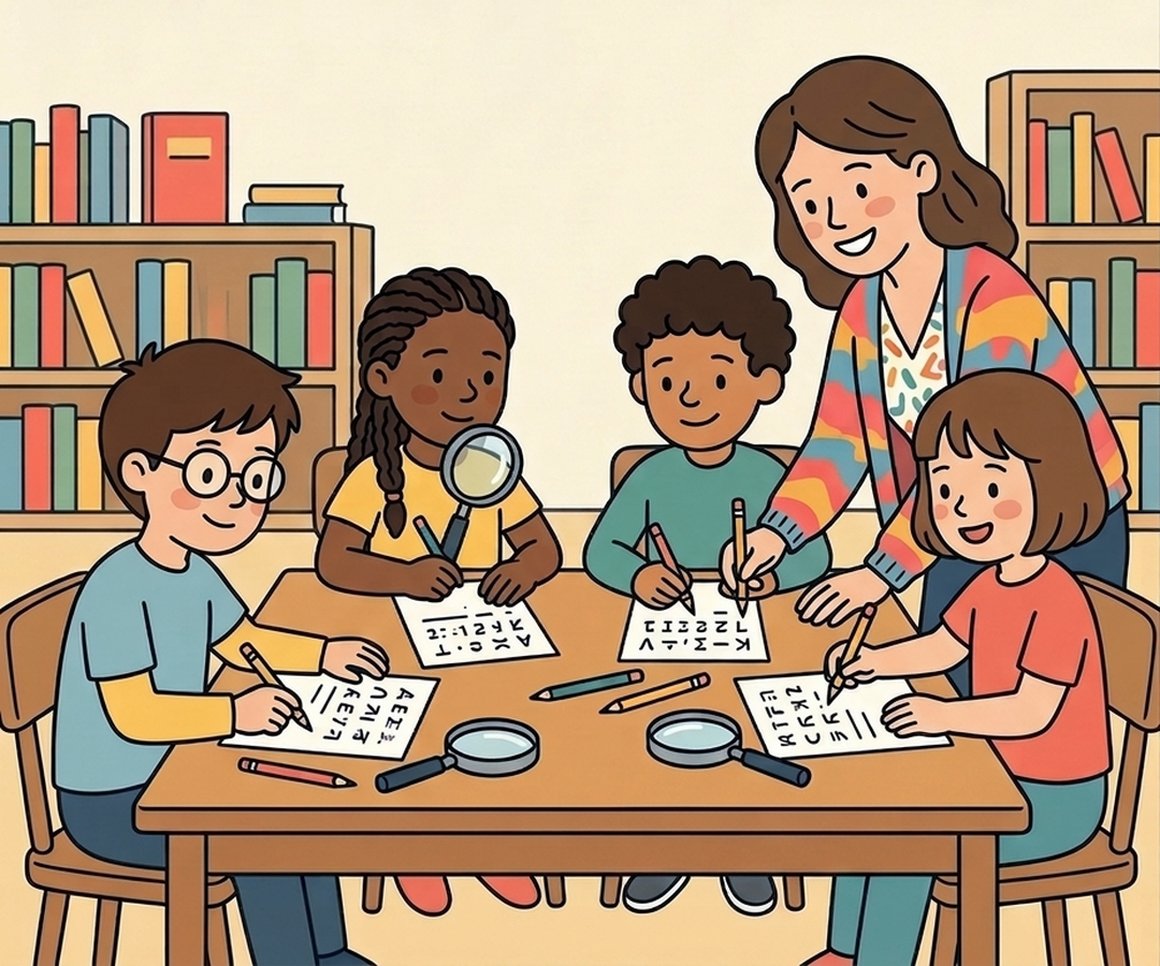 Illustration of children cracking codes with magnifying glasses in a bookshop with a children's author