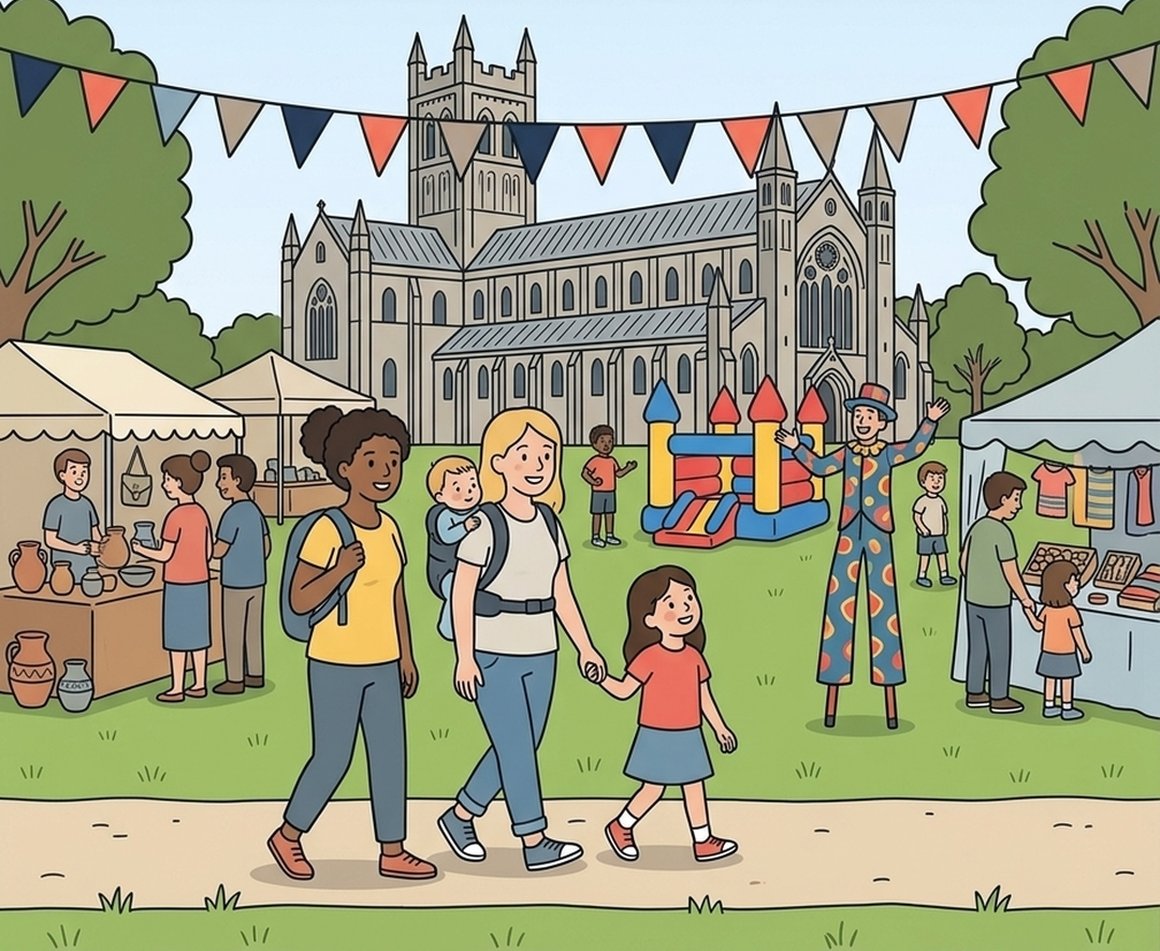 Illustration of a summer fair with craft stalls, a bouncy castle and a stilt performer in front of Buckfast Abbey