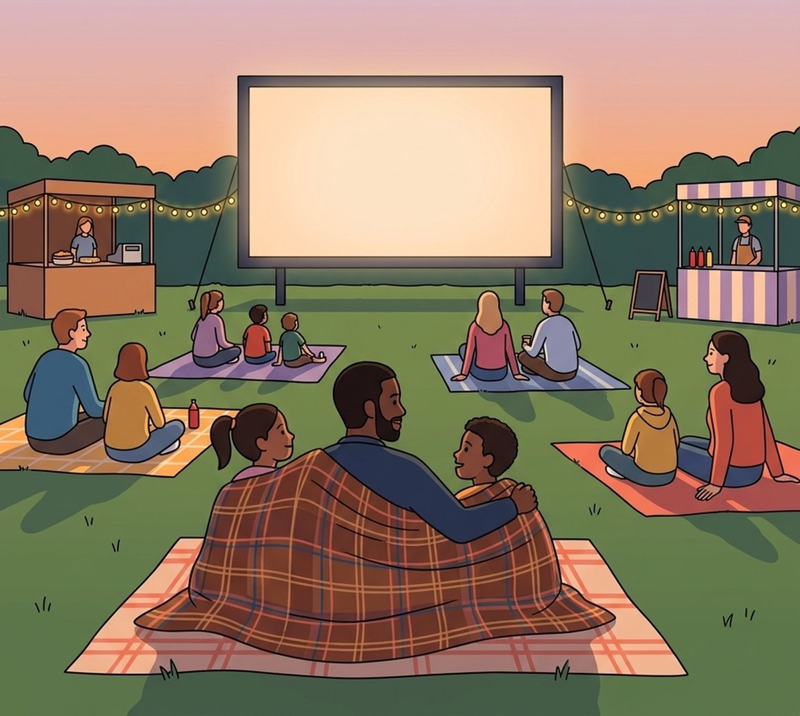 Illustration of families on picnic blankets watching an outdoor cinema screen at dusk