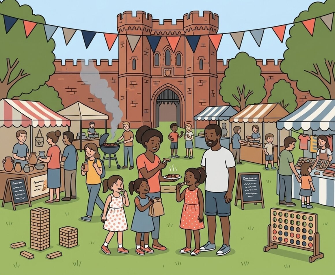 Illustration of a family tasting food at stalls in front of Exeter Castle at the Love Local Food Festival