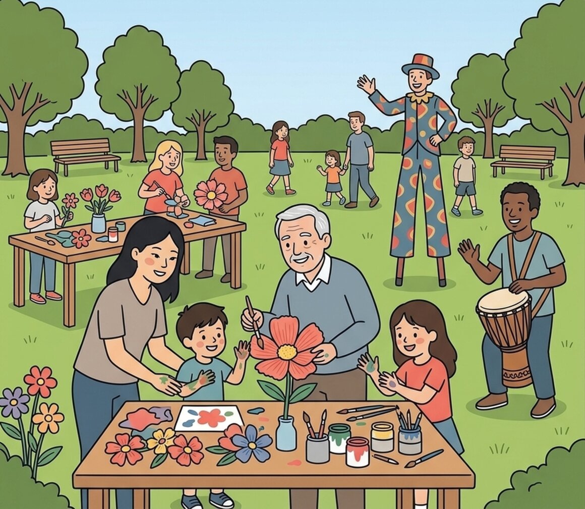 Illustration of children making giant paper flowers at craft tables in a Crediton park with a stilt walker and drummer