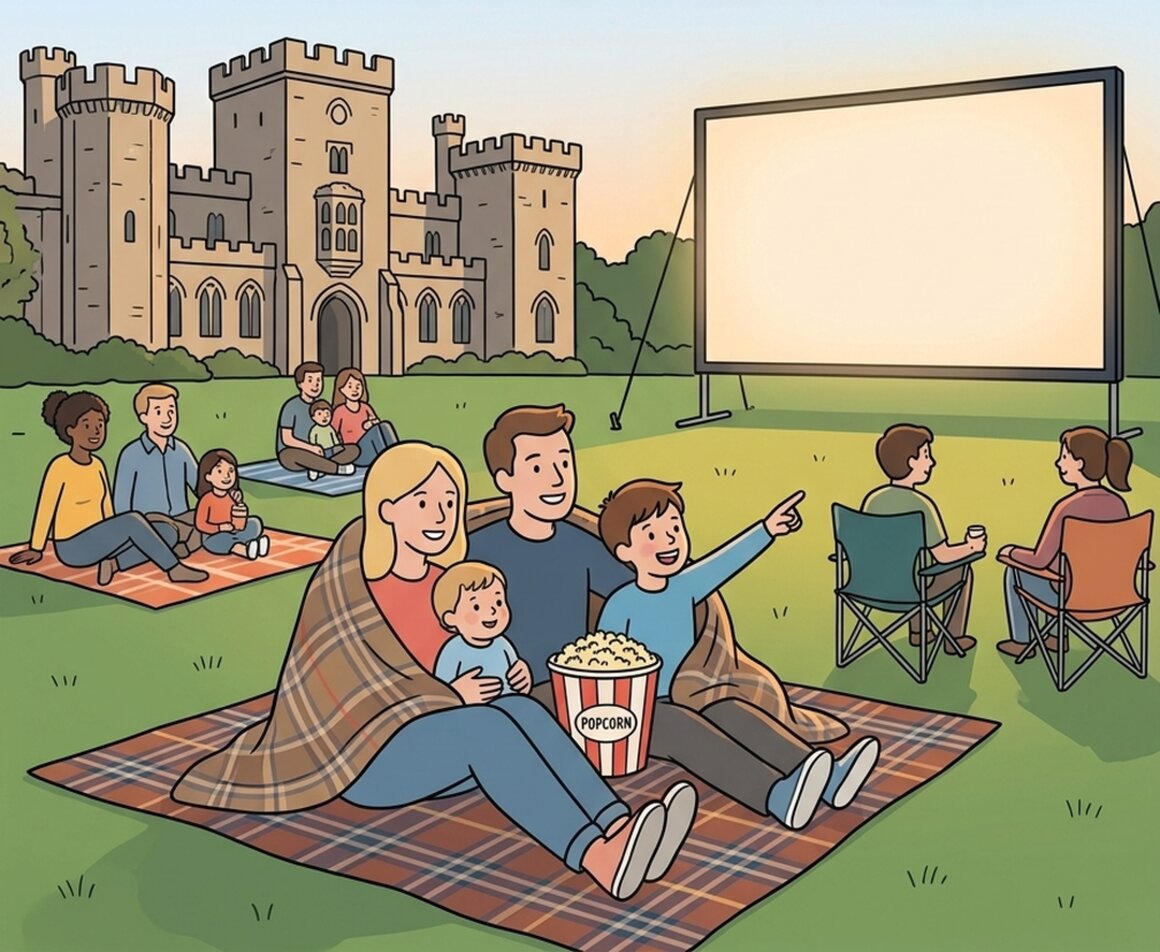 Illustration of families on picnic blankets watching an outdoor cinema screen on the lawn at Powderham Castle
