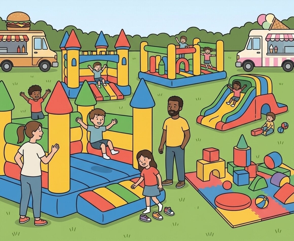 Illustration of children bouncing on colourful bouncy castles and playing on soft play at a community field in Cullompton