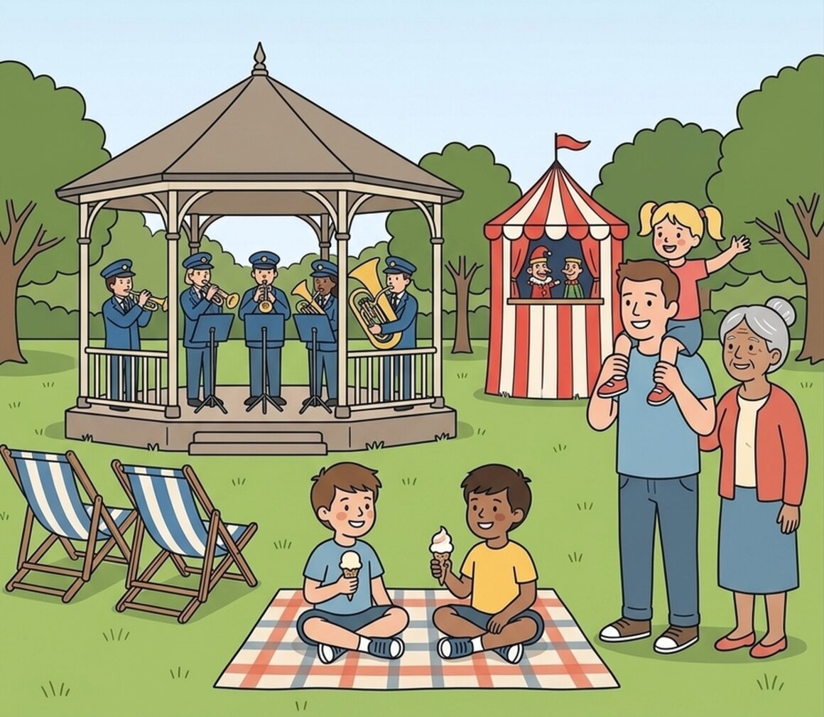 Illustration of a brass band playing in a bandstand with a Punch and Judy tent and families picnicking at Westexe Rec, Tiverton