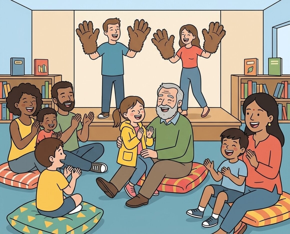 Illustration of families watching a playful puppet show at Exeter Library