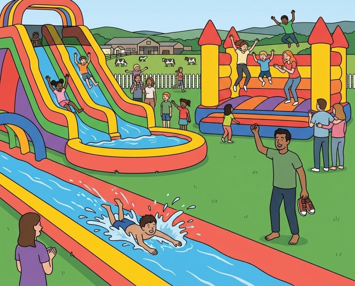 Illustration of children on giant inflatables and a slip and slide at Bounce Southwest