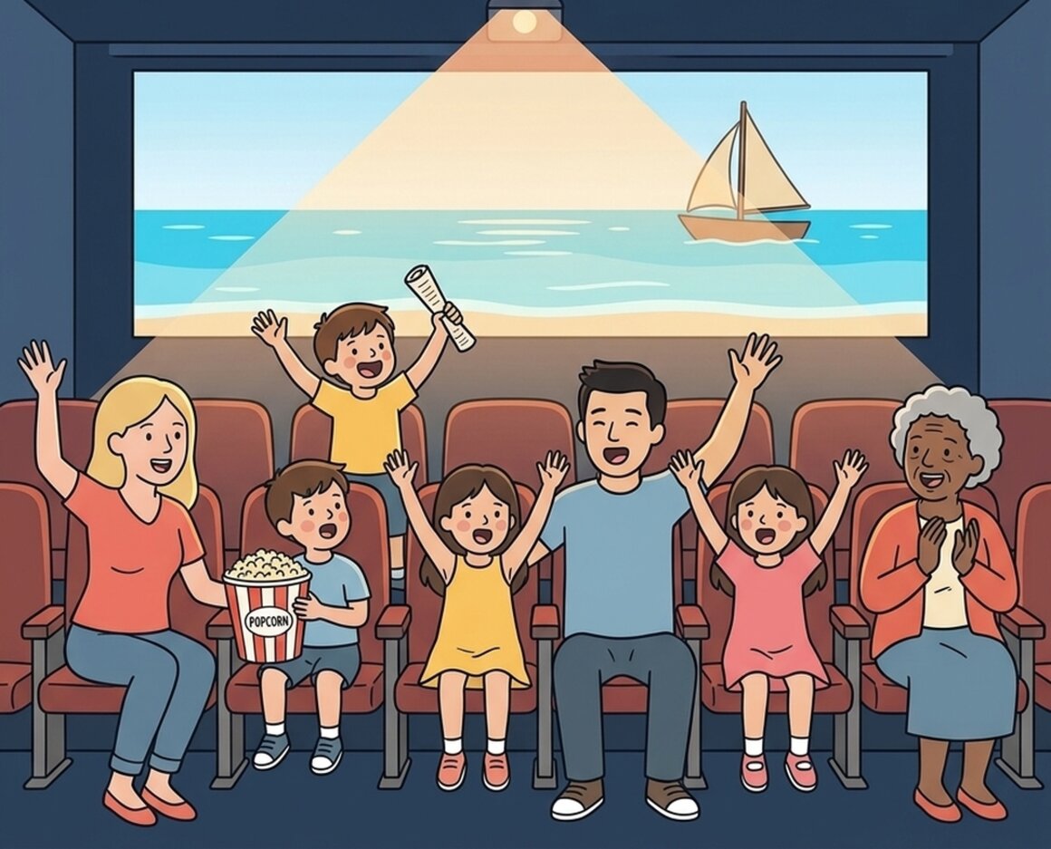 Illustration of families singing along at a cinema screening