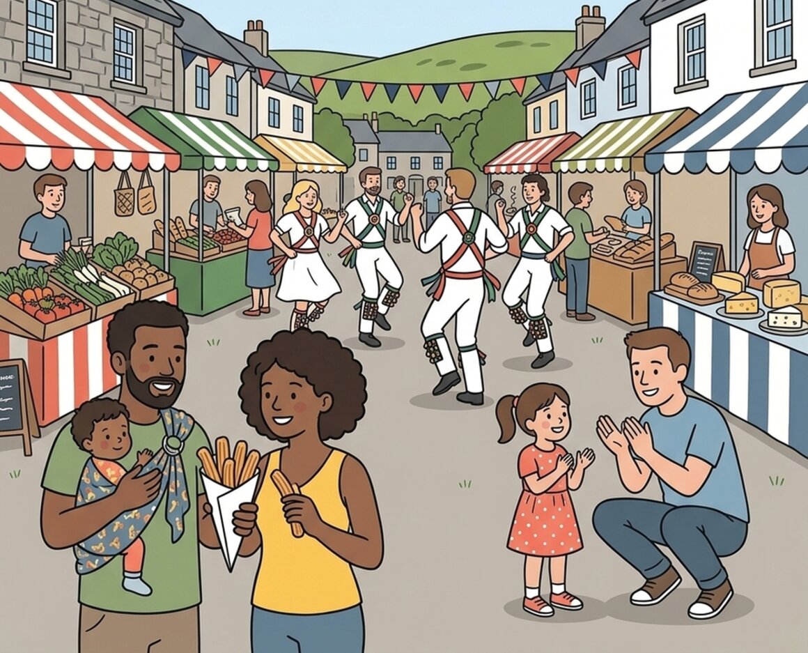 Illustration of a family food festival with stalls and Morris dancers in Moretonhampstead