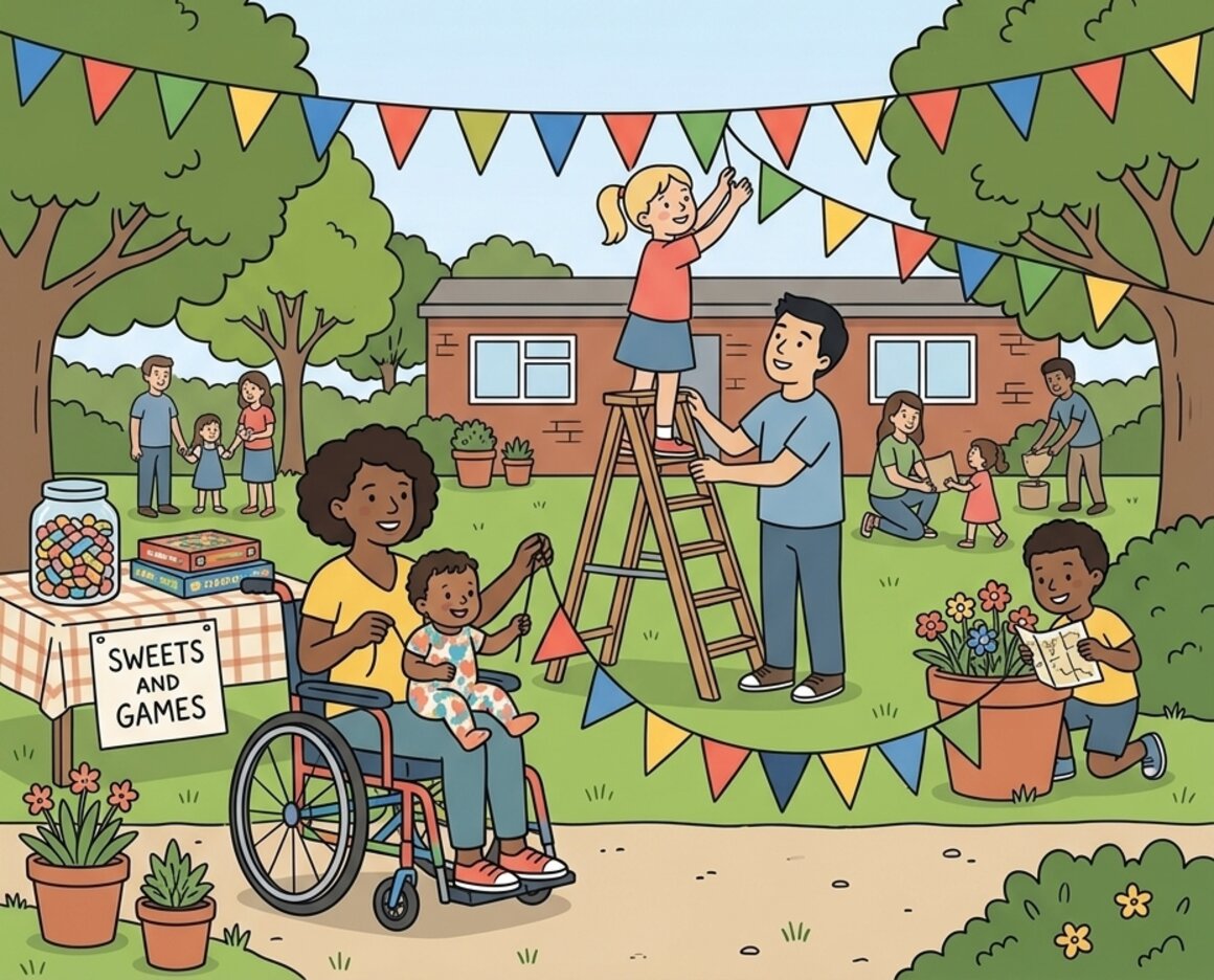 Illustration of children making bunting and playing games outside St Thomas Library