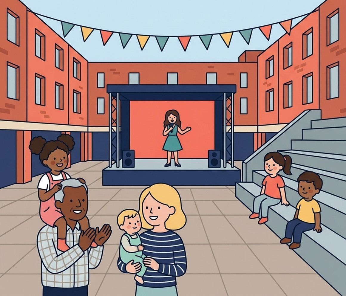 Illustration of a singer on a festival stage in the Guildhall Shopping Centre courtyard with families watching